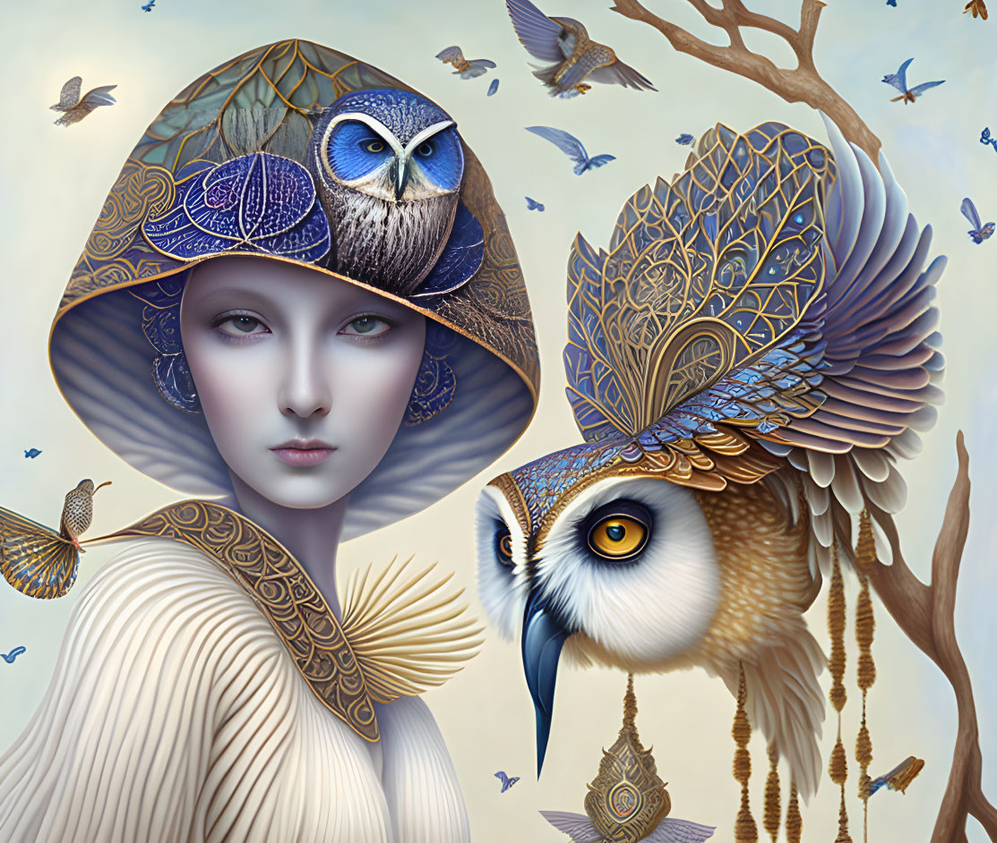 Surreal Art: Woman in Owl-Themed Hat with Feathers, Stylized Owl with