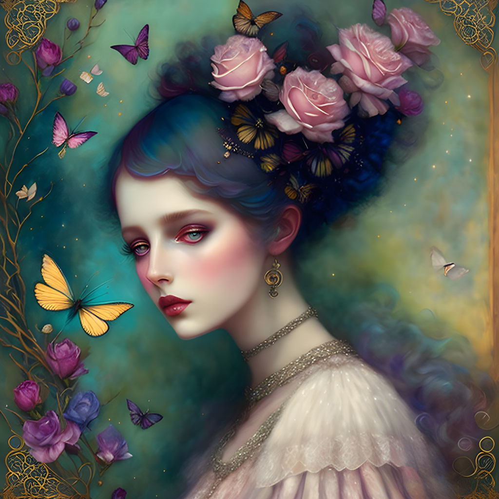 Fantasy portrait of woman with blue hair, roses, butterflies, green backdrop