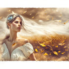 Woman in white dress with flowing hair surrounded by golden butterflies in natural setting