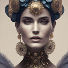 Stylized woman portrait with ornate headpiece and jewelry in rich colors