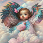 Colorful winged child holding bird in dreamy sky