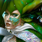 Detailed Digital Art Portrait of Woman with Green Leaf-Like Hair and Floral Embellishments