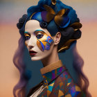 Digital artwork of woman with blue hair, floral and shell adornments, starry makeup, and gold