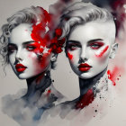 Stylized, fragmented woman portraits with modern abstract design in red and black on white.