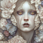 Fantasy portrait with butterflies, flowers, pastel colors, detailed textures