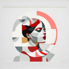 Stylized female profile with geometric shapes in muted colors and red accents