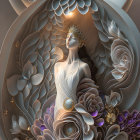 Ethereal woman with flowing hair in ornate crown by stained glass window