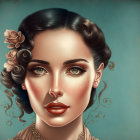 Detailed illustration of woman with intricate hair accessories and serene expression