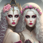 Women with vibrant makeup and floral hair decorations in mystical setting.