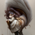 Whimsical illustration of girl and squirrel with expressive eyes in soft earth tones