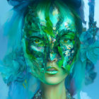 Vibrant turquoise woman with crystalline and leaf-like textures