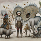 Surreal painting: woman with butterfly wings, animals with tree-like features, butterflies on beige backdrop