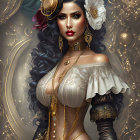 Celestial-themed fantasy portrait with golden jewelry and fur-lined cloak