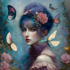 Fantasy portrait of woman with blue hair, roses, butterflies, green backdrop