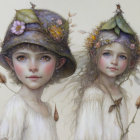 Vintage-styled women with floral hats and butterflies, detailed makeup and expressive eyes