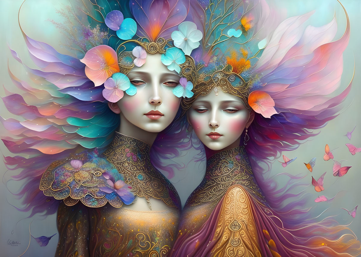 Ethereal women with colorful wings and butterflies in digital art