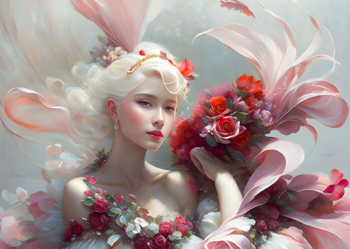 Woman portrait with pale skin, red lips, surrounded by pink and red flowers.