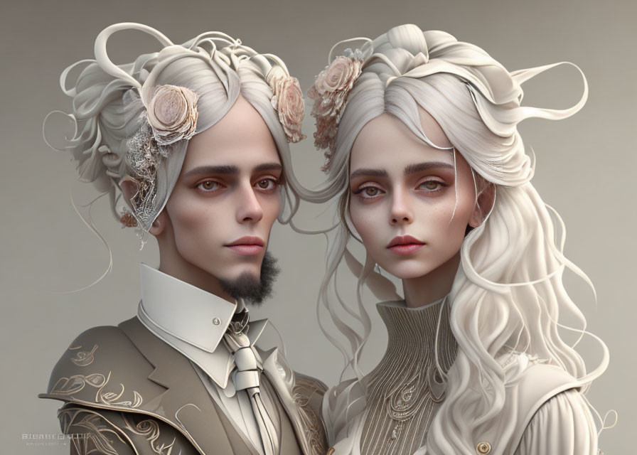 Detailed portrait of man and woman with ornate white hair and vintage clothing