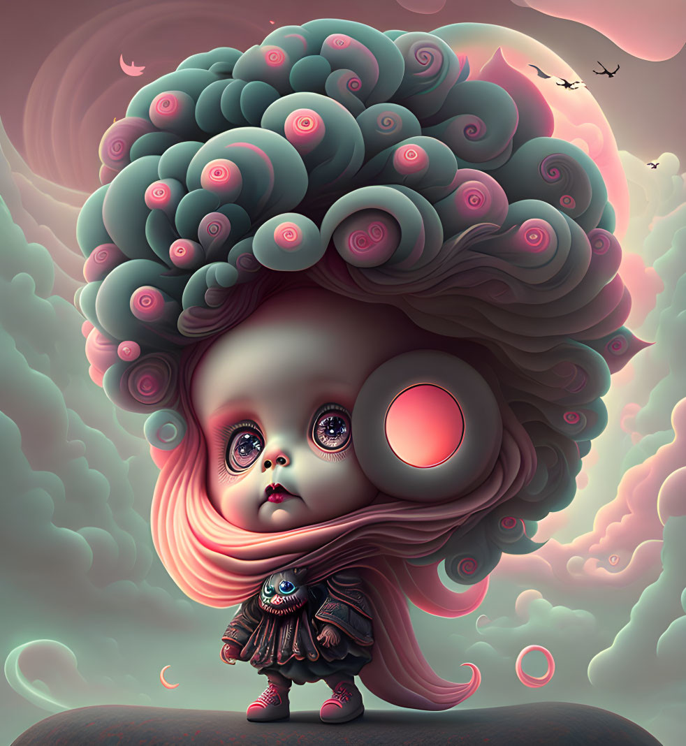 Child with giant ornate hair in fantastical illustration against dusky sky.