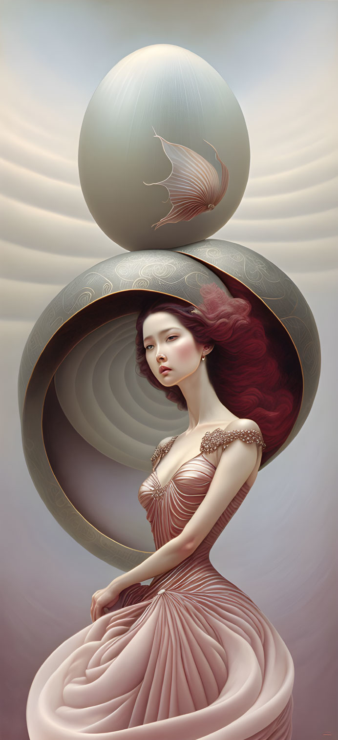 Surreal portrait of a woman in flowing red dress inside circular structure