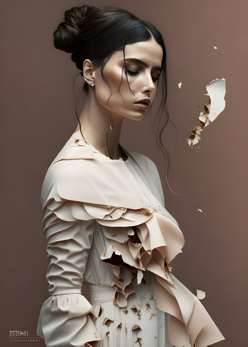 Woman with bun in white ruffled dress disintegrating on one side