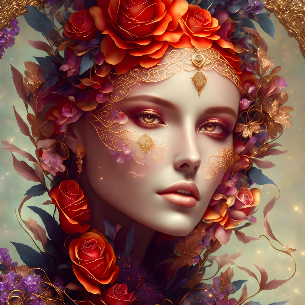 Serene woman with floral headpiece in red roses and gold on warm ornate background