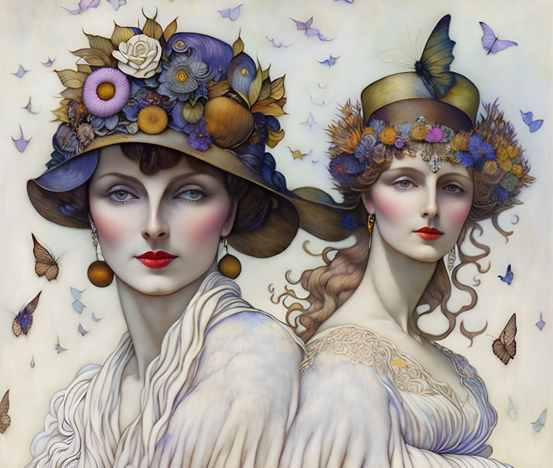 Vintage-styled women with floral hats and butterflies, detailed makeup and expressive eyes