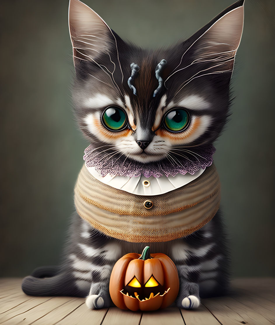 Whimsical digital art of a kitten with green eyes and Halloween pumpkin