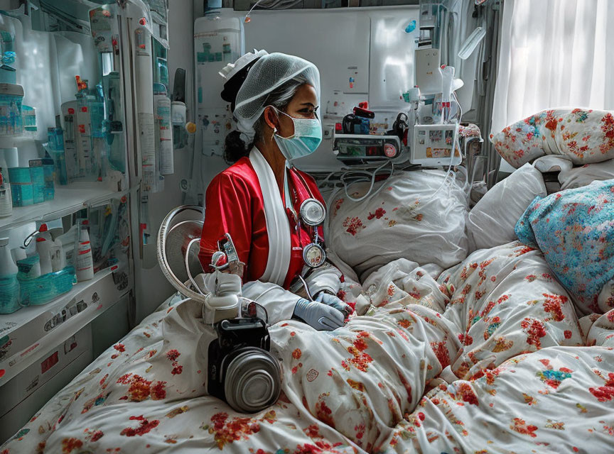 Healthcare Professional in Red Uniform Beside Patient's Bed