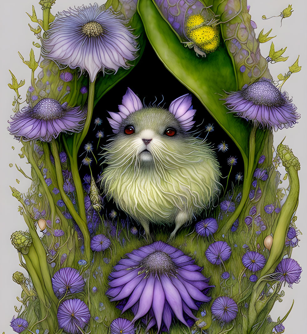 Fantastical creature with white fur and red eyes in green pod among purple flowers.