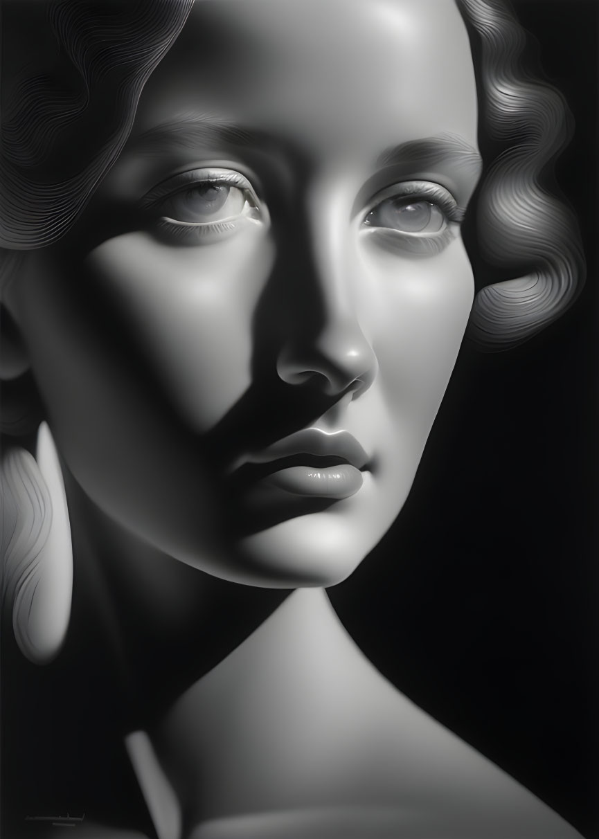 Monochromatic digital portrait: Woman with curly hair, sharp light and shadow contrasts, serene expression