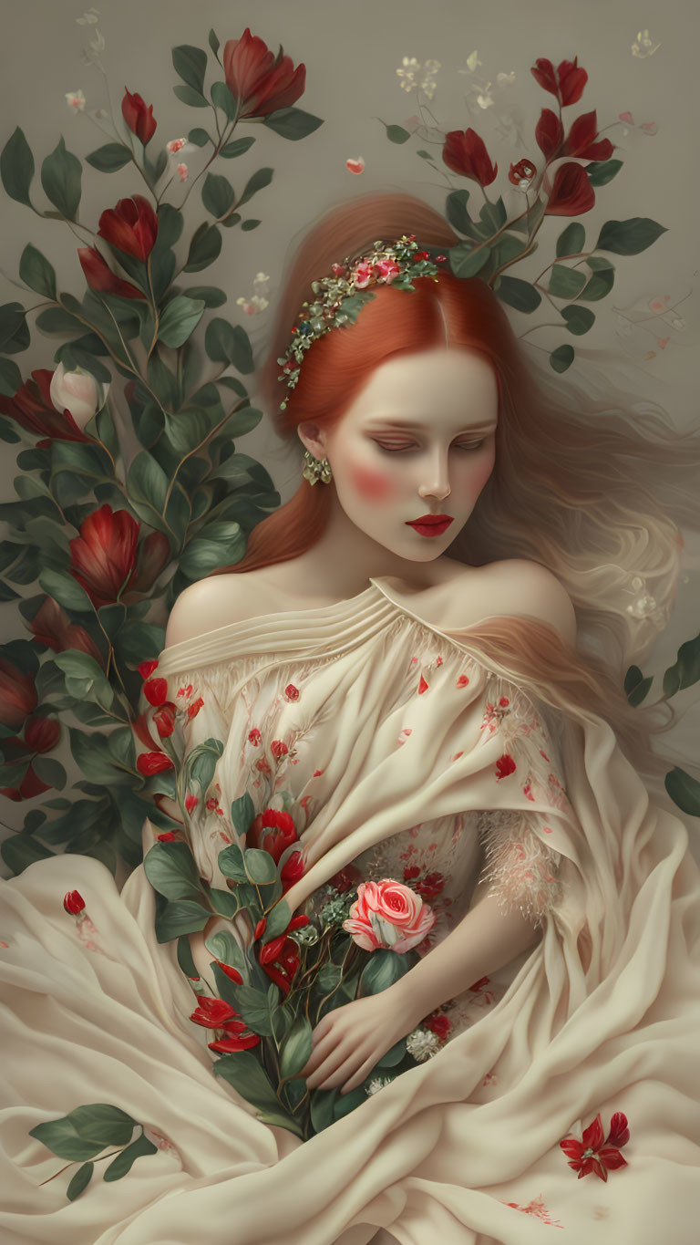 Red-haired woman surrounded by flowers in ivory dress holding roses