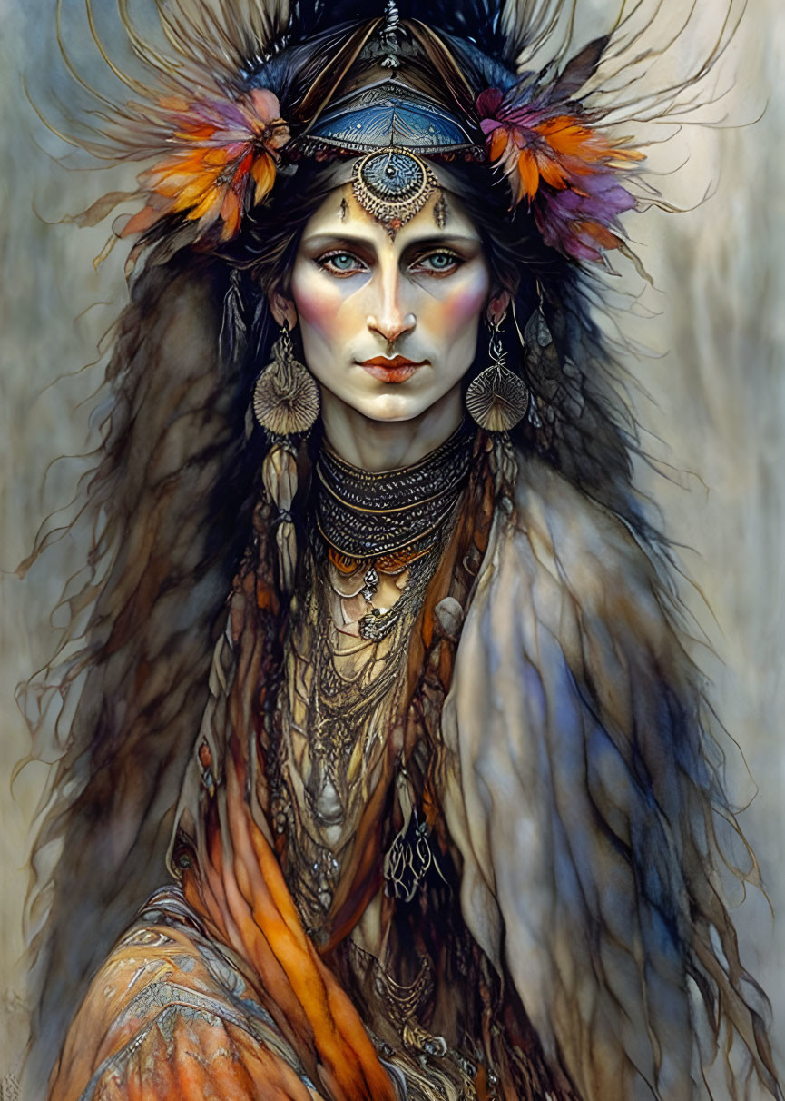 Portrait of Woman with Bohemian Headdress and Tribal Jewelry