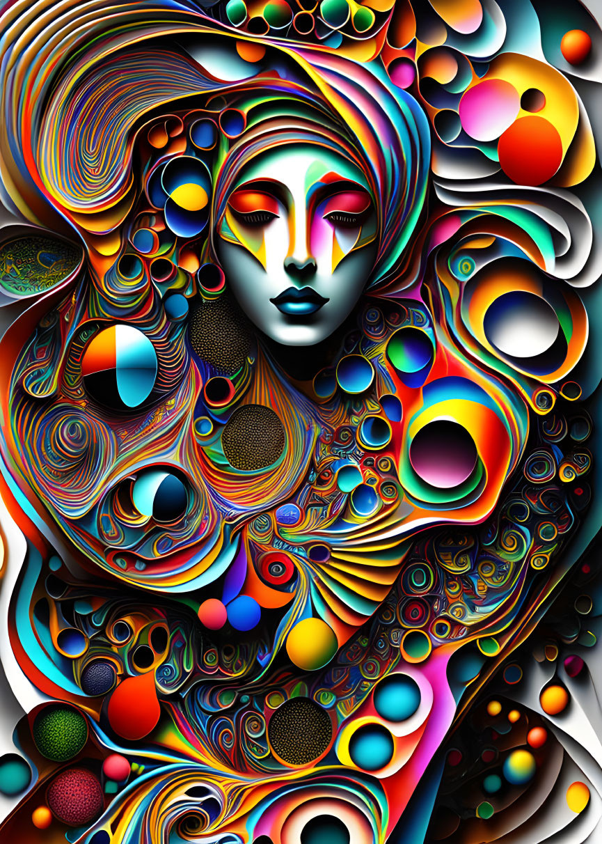 Colorful Abstract Artwork with Stylized Face & Swirling Patterns