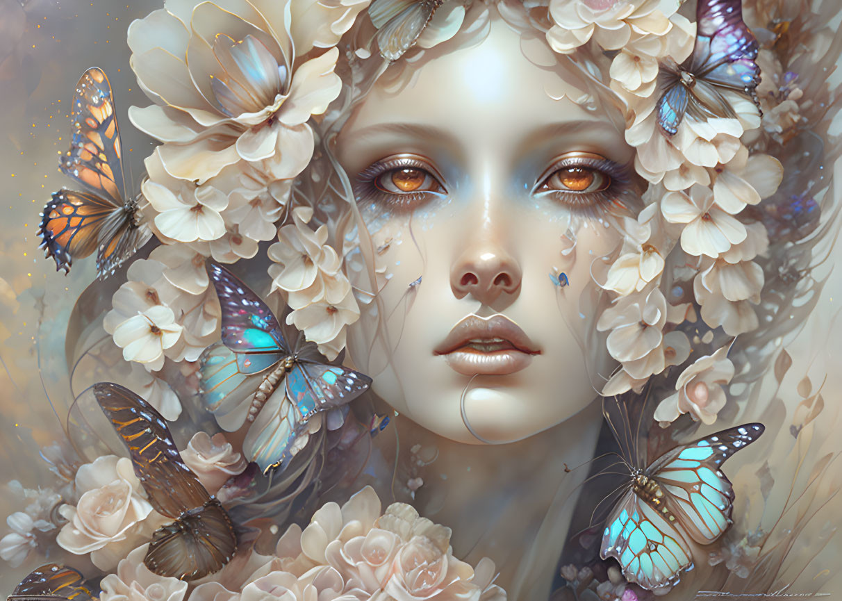 Fantasy portrait with butterflies, flowers, pastel colors, detailed textures