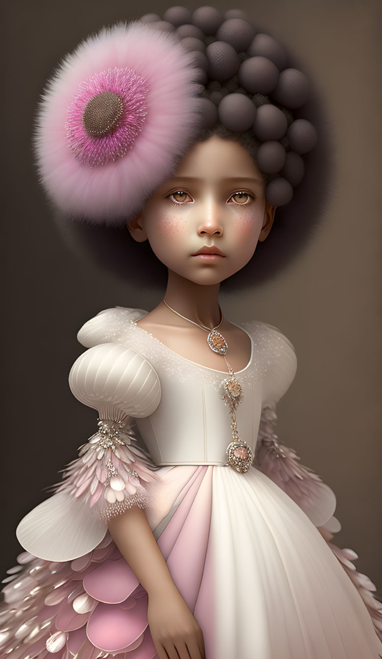 Young girl in pink and grey headdress and jeweled gown.