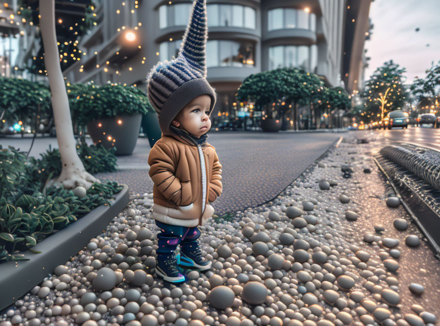 Toddler in Warm Jacket and Striped Hat on Pebbled Pathway