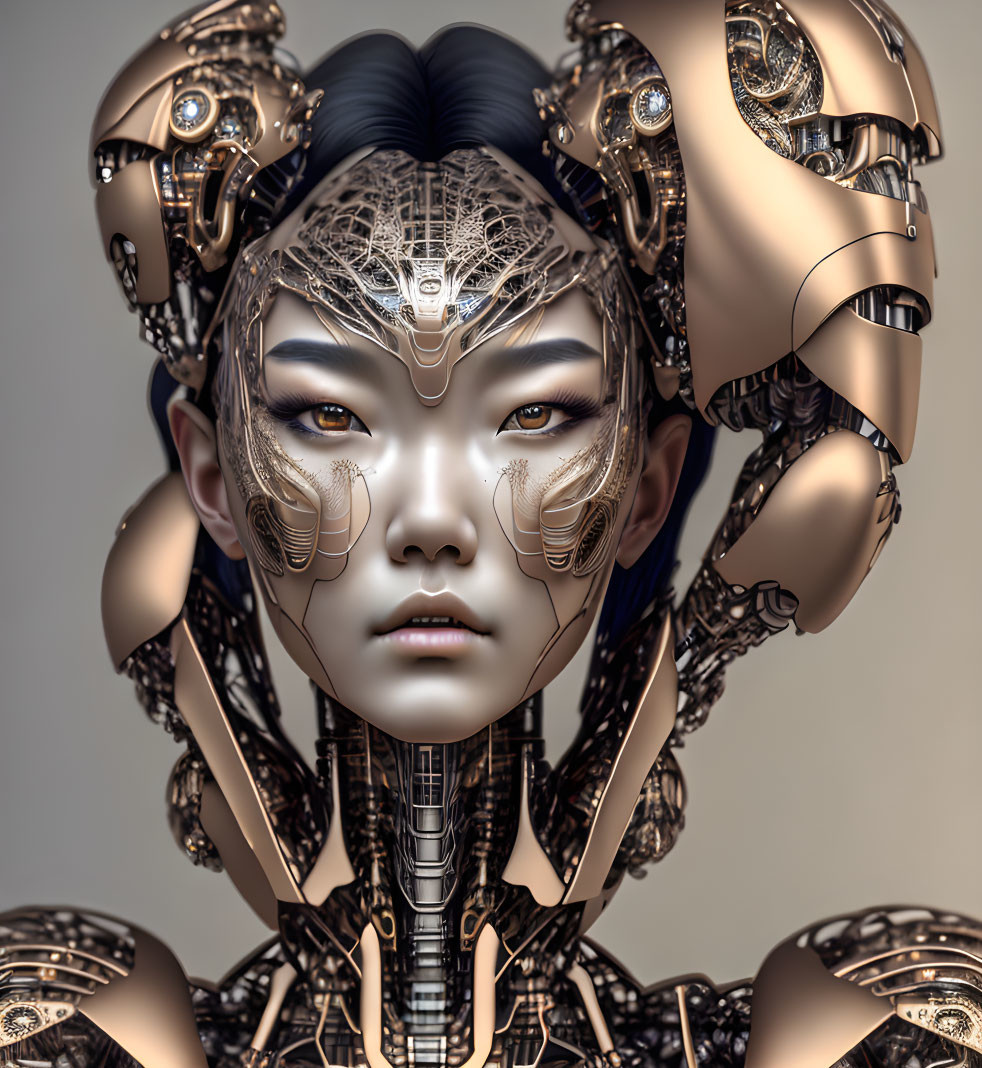 Detailed digital portrait of female robotic figure with golden mechanical elements