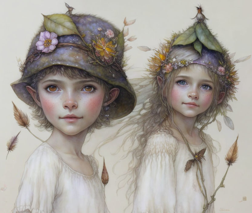 Illustrated children in whimsical hats with floral decorations in a soft, ethereal setting