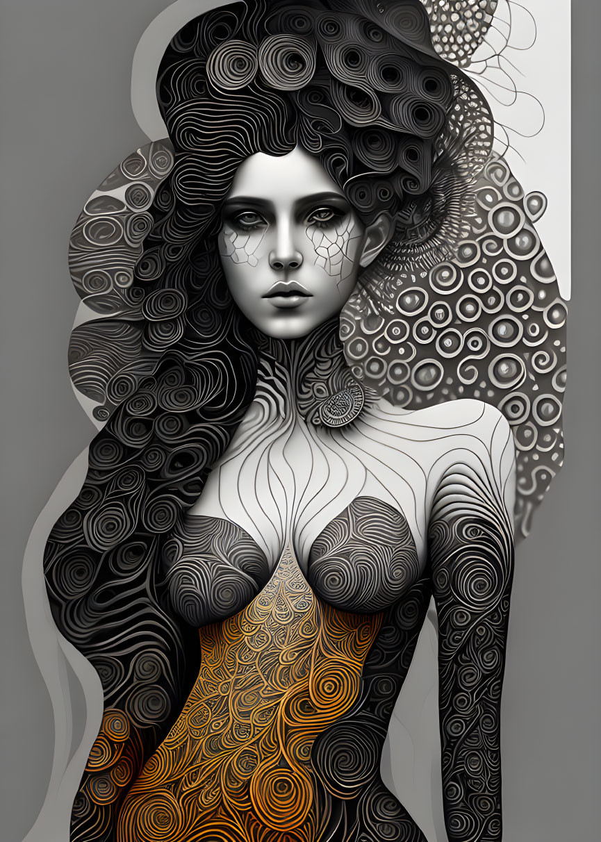 Monochrome illustration of woman with spiral patterns and warm ombre.