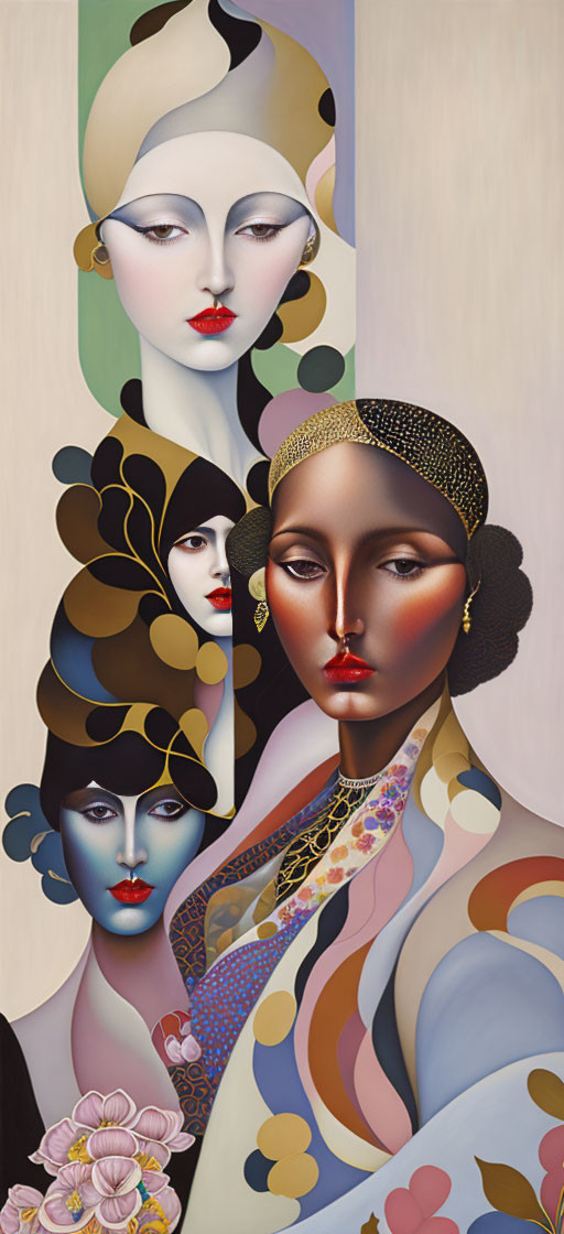 Colorful Stylized Painting of Three Female Figures with Elaborate Headwear