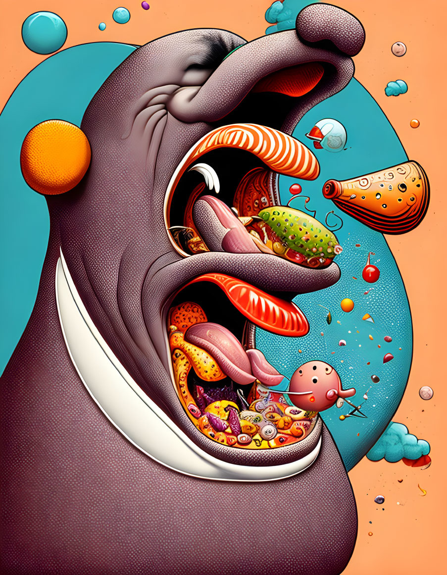 Colorful surreal anthropomorphic creature with abstract shapes and floating orbs.