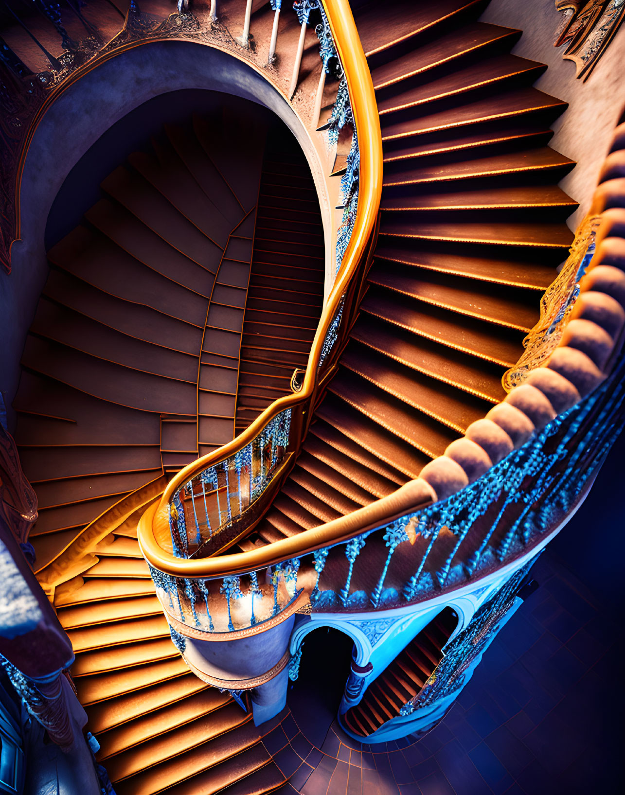 Ornate Spiral Staircase with Warm Illumination