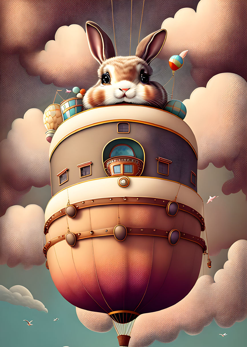 Whimsical airship with rabbit head, portholes, and hot air balloon in cloudy sky