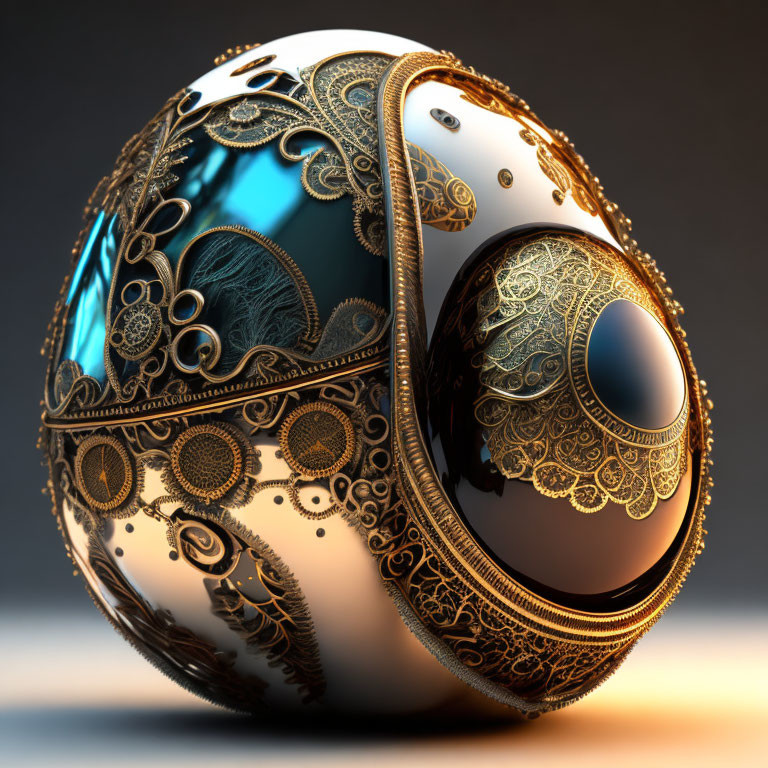 Ornate 3D render of nested egg-shaped objects with metallic patterns and gem-like surfaces