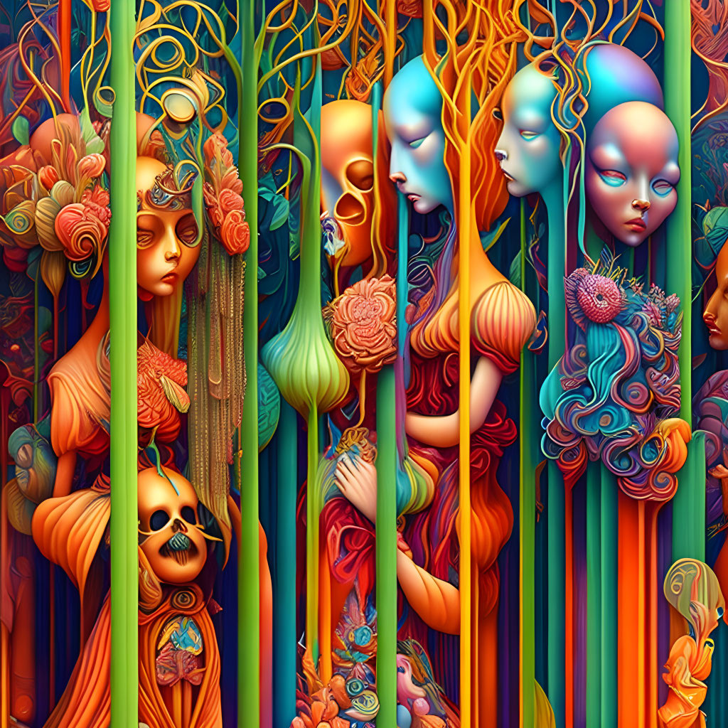 Surreal Artwork: Stylized Human Figures, Elongated Shapes