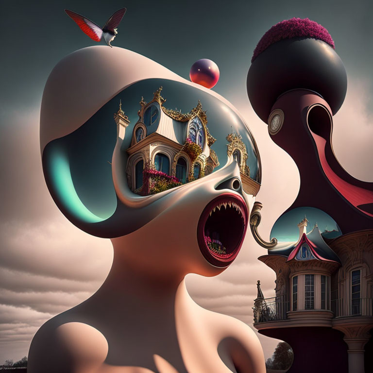 Surreal artwork: Character with open-mouthed head, architectural scene, bird, and orbs