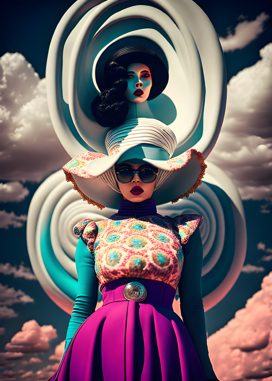 Stylized female figures in avant-garde outfits against surreal backdrop