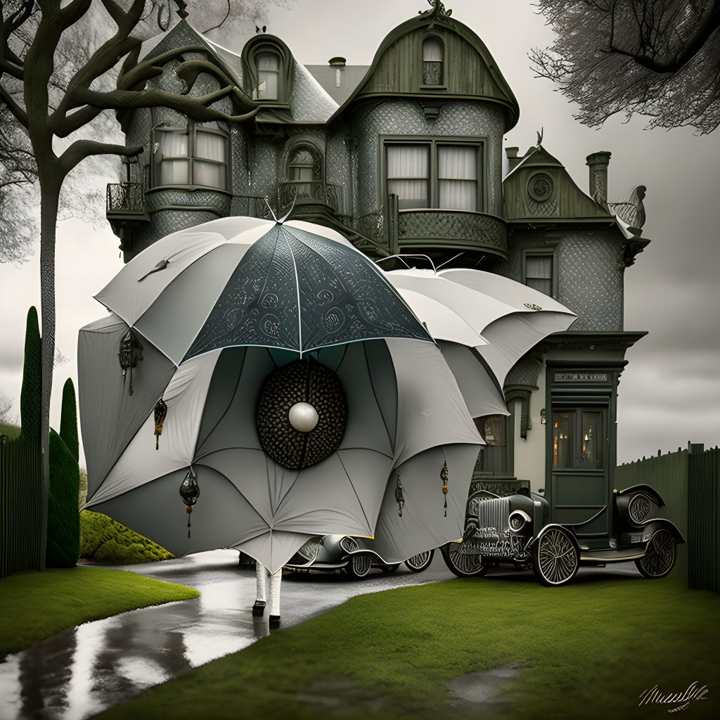 Victorian-style house and classic car under decorative umbrella in digital art