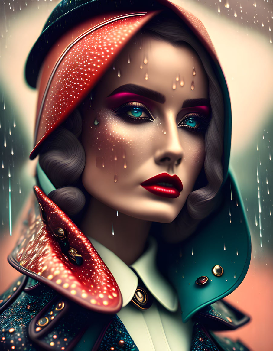 Vintage-inspired illustration of a woman in stylish attire under light rain